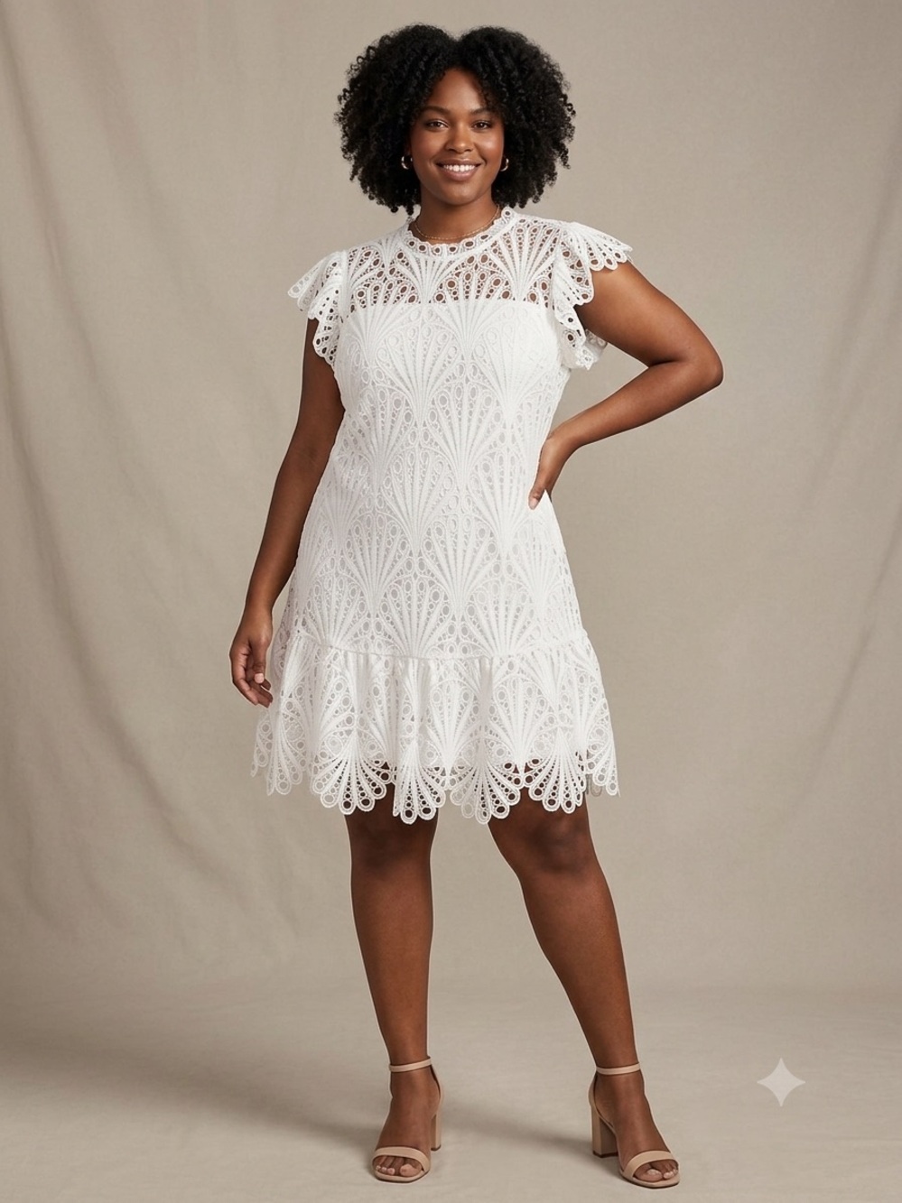 Ashley Stewart White Lace Flutter-Sleeve Midi Dress